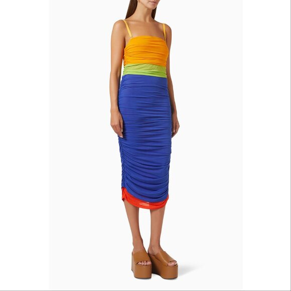 SIMON MILLER Jota Mesh Midi Bodycon DRESS Sz XS Color Block Yellow Blue NEW $295 - Picture 6 of 13